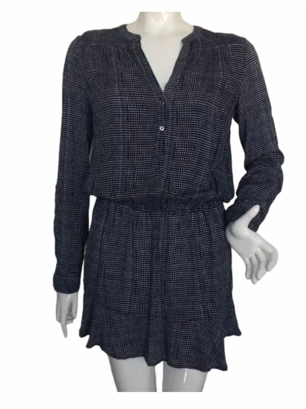 Joie Black & White Micro-Check Long-Sleeve Mini Dress